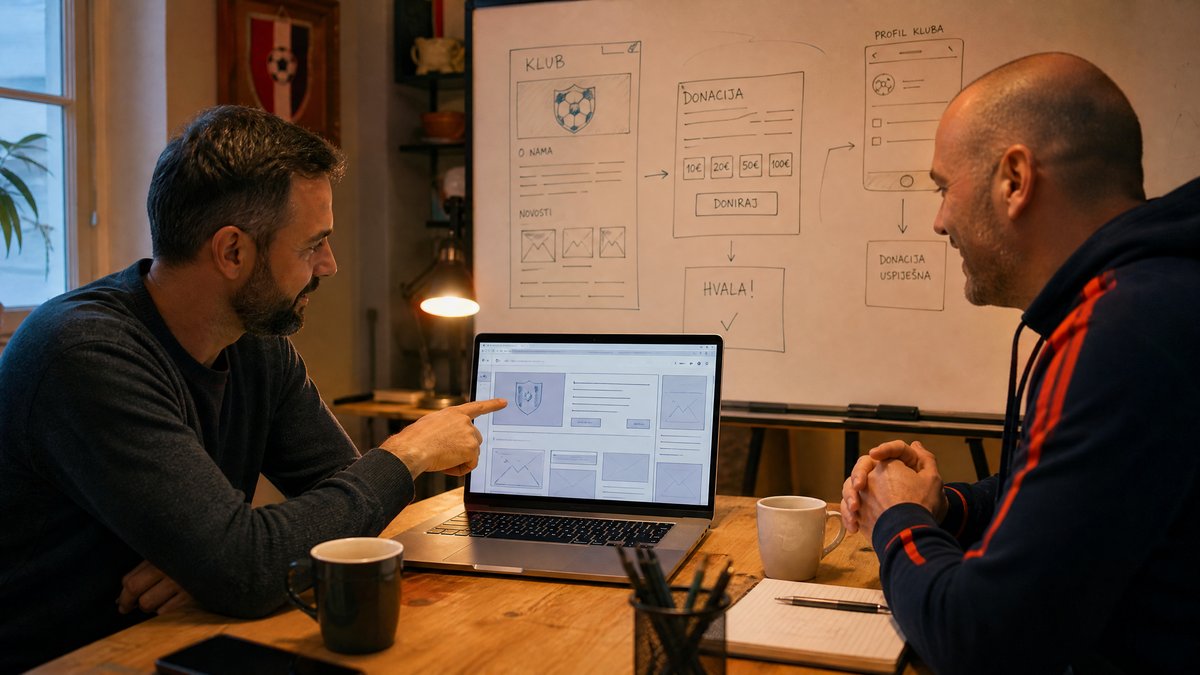 Razvoj Podrži Klub platforme - developer i trener rade na wireframeu platforme za donacije sportskim klubovima