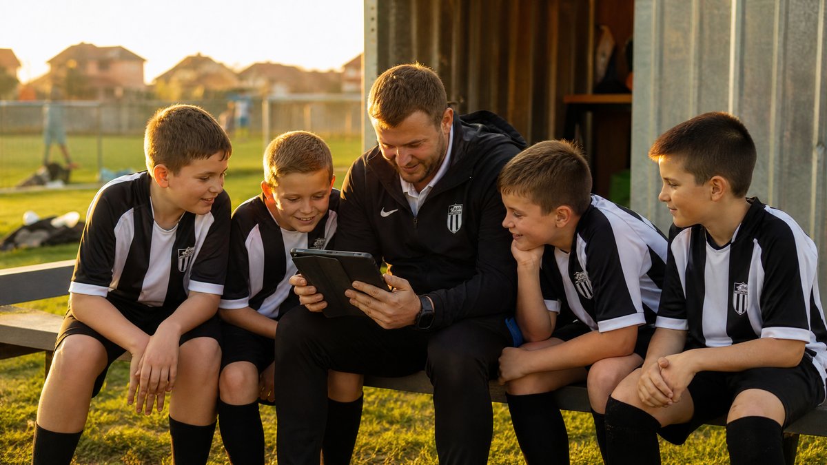 Trener i djeca u sportskom klubu na Balkanu gledaju tablet - online donacije za sportski klub