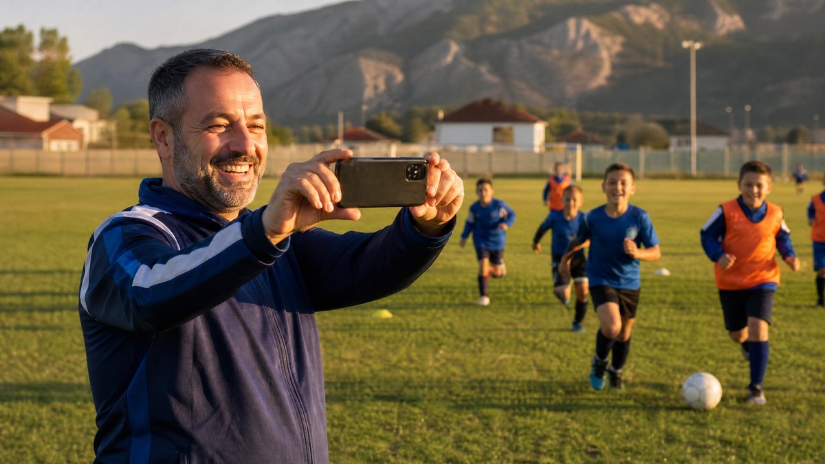Trener snima trening mladih igraca na smartfon za drustvene mreze - vodic za promociju sportskog kluba